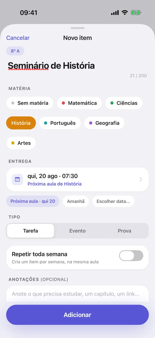 Tela Novo item do Tisso: Seminário sobre a Era Vargas, matéria História, entrega na próxima aula.