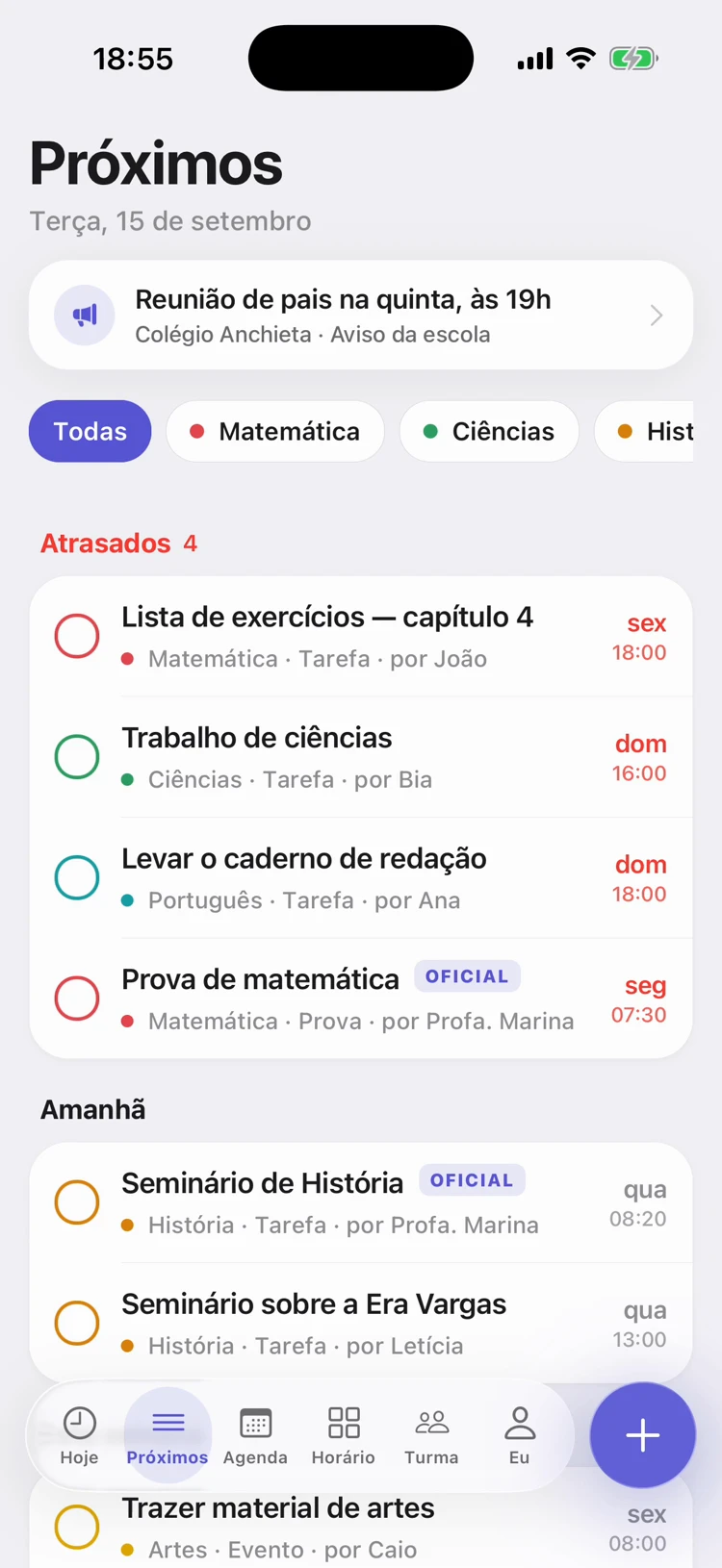Tela Próximos do Tisso: os registros da turma agrupados por prazo