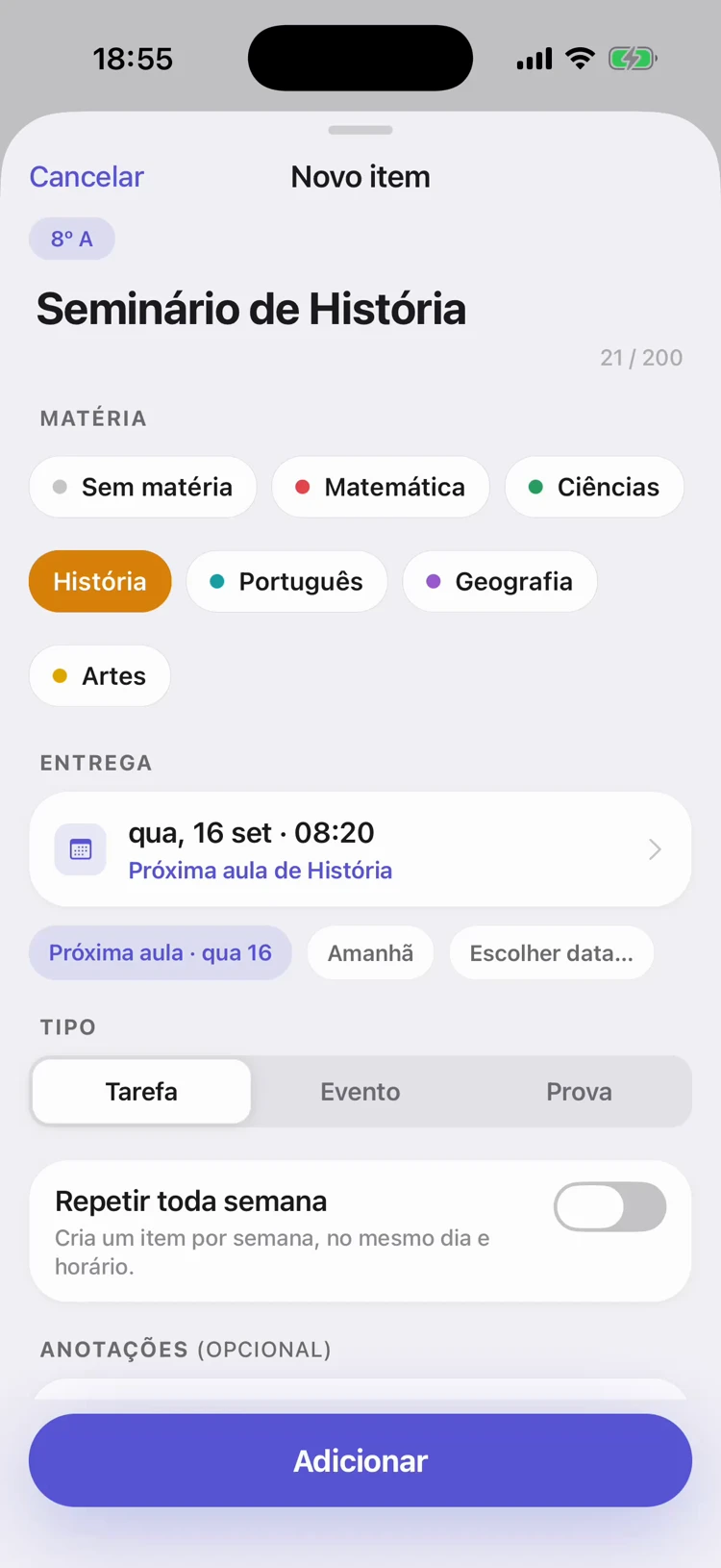 Tela Adicionar do Tisso: um novo registro com a entrega já marcada para a próxima aula da matéria