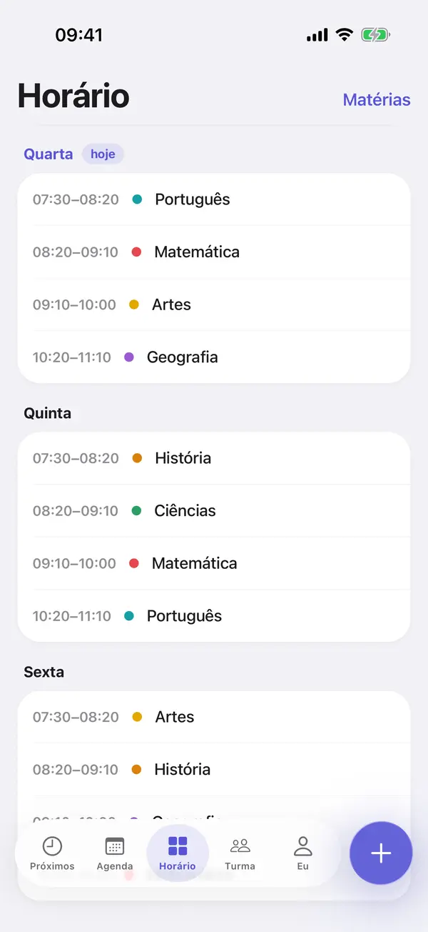 Tela Horário do Tisso: a grade da semana da turma, matéria por matéria