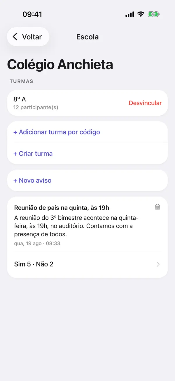 Tela Escola do Tisso: turmas vinculadas e avisos da coordenação