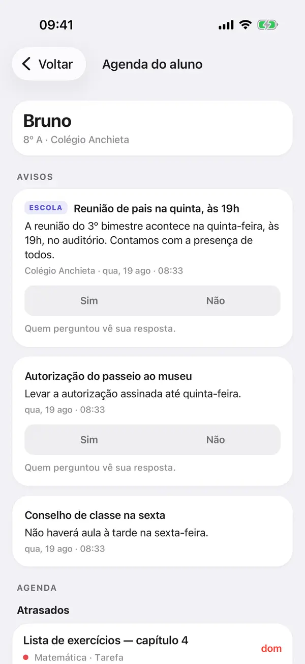 Tela do responsável no Tisso: os prazos de um aluno e o que ele já concluiu