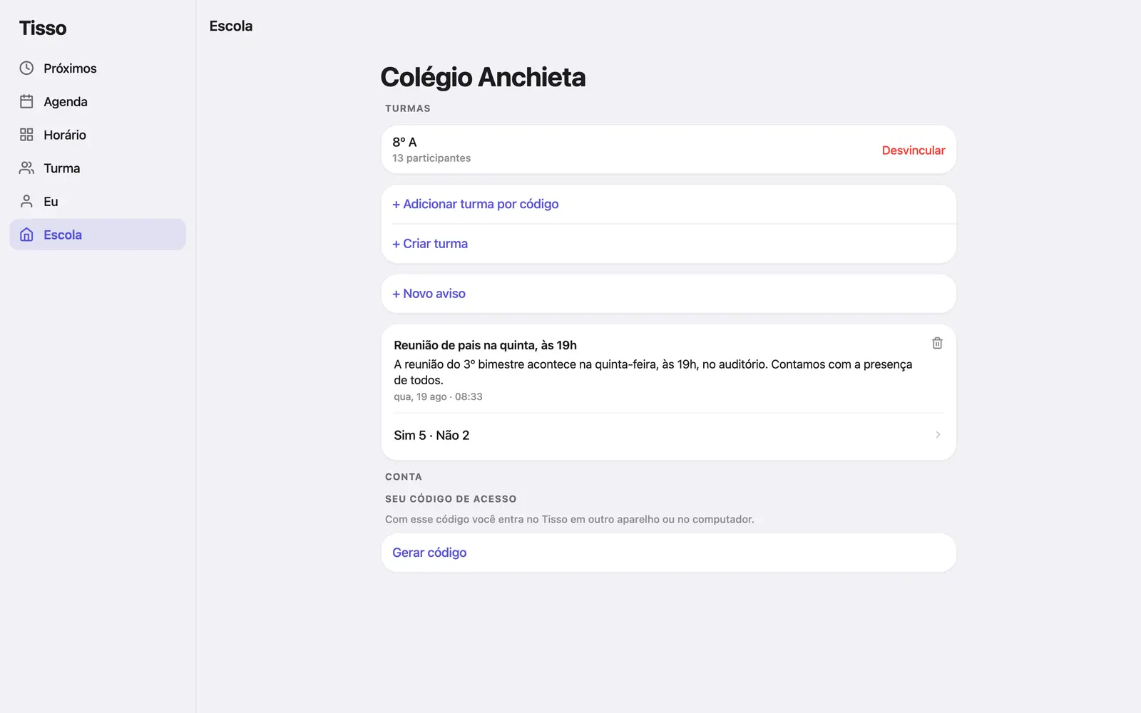 Console da escola no Tisso aberto no navegador: turmas vinculadas e avisos